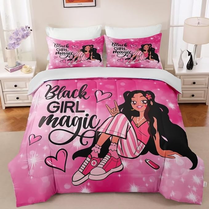 Black Girl Comforter Set Twin for Kids,Black Girl Magic Bedding Set,Cuet Black Princess Girl Comforter Black Queen Melanin Bedroom Bed Set - LeafyLoom