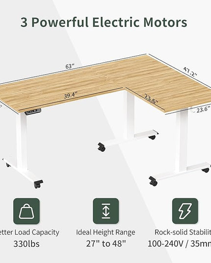 FEZIBO Triple Motor L-Shaped Electric Standing Desk, 63 Inches Height Adjustable Stand up Corner Desk, Sit Stand Workstation with Splice Board, White Frame/Natural Top - LeafyLoom