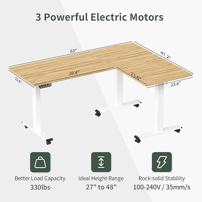 FEZIBO Triple Motor L-Shaped Electric Standing Desk, 63 Inches Height Adjustable Stand up Corner Desk, Sit Stand Workstation with Splice Board, White Frame/Natural Top - LeafyLoom