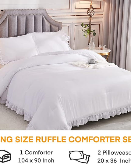 Andency White King Size Comforter Set, 3 Pieces Solid Farmhouse Shabby Chic Bedding Comforters & Sets, All Season Western Rustic Soft Down Alternative Bed Set for Adult Men Women - LeafyLoom