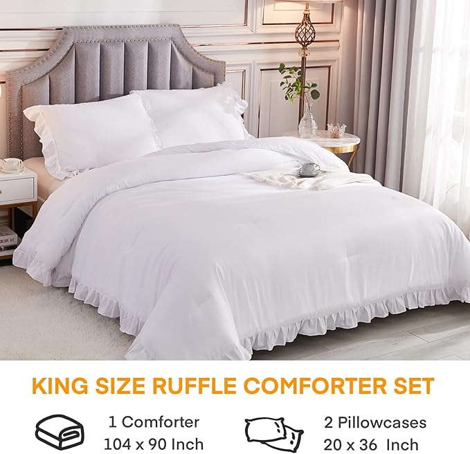 Andency White King Size Comforter Set, 3 Pieces Solid Farmhouse Shabby Chic Bedding Comforters & Sets, All Season Western Rustic Soft Down Alternative Bed Set for Adult Men Women - LeafyLoom
