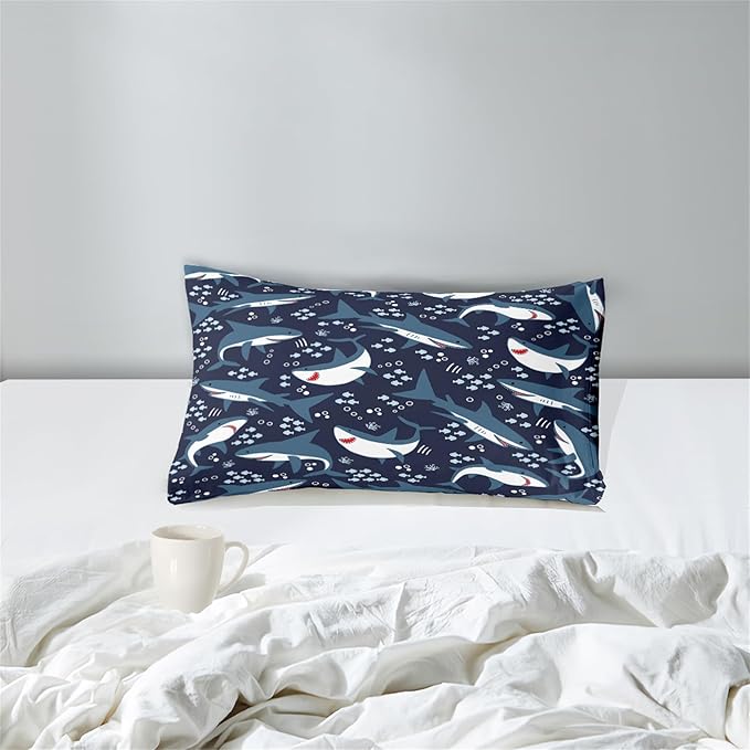 Shark Twin Comforter Set for Boys - 2Pcs Boys Sharks Bedding Set Twin Size Shark Print Comforter Set for Kids Boys Sea Animals Pattern Bedding Set for Bedroom, 1 Comforter with 1 Pillowcases - LeafyLoom