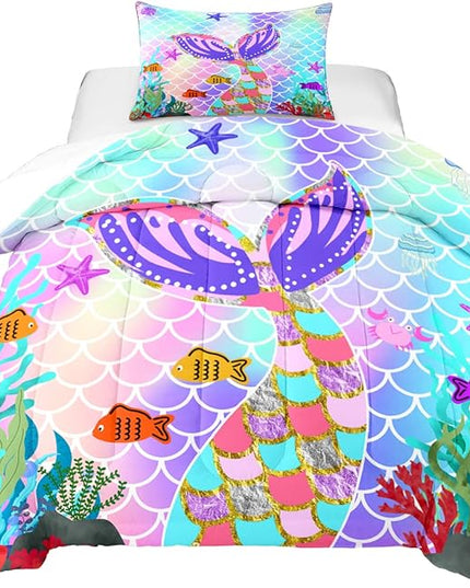 Mermaid Tail Comforter Set Twin for Kids Girls Bedroom, Rainbow Mermaid Fish Scale Comforter Set Twin Bed in a Bag, Glitter Mermaid Printed Pattern Bedding Decor 1 Comforter 1 Pillowcase - LeafyLoom