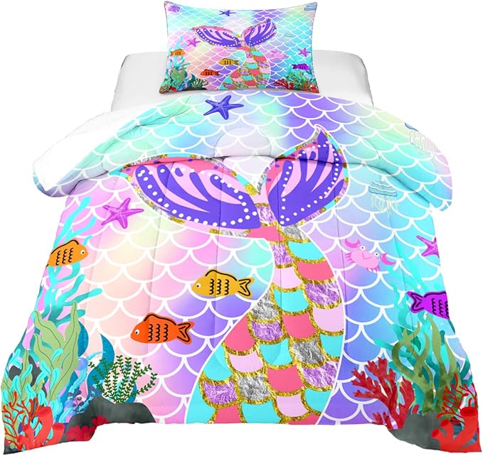 Mermaid Tail Comforter Set Twin for Kids Girls Bedroom, Rainbow Mermaid Fish Scale Comforter Set Twin Bed in a Bag, Glitter Mermaid Printed Pattern Bedding Decor 1 Comforter 1 Pillowcase - LeafyLoom