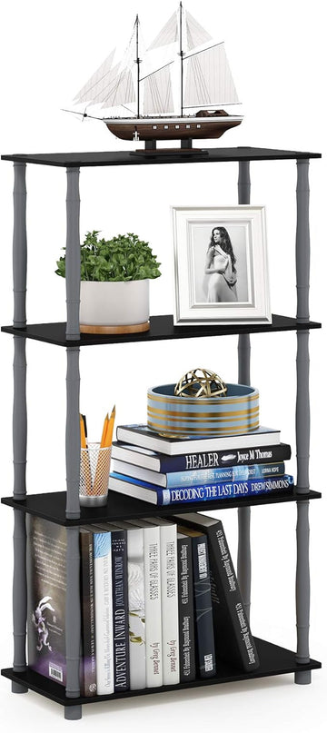Furinno Turn-N-Tube 4-Tier Multipurpose Shelf Display Rack, Classic Tubes, Black/Grey - LeafyLoom