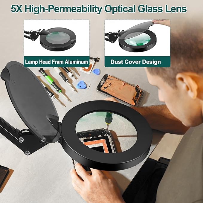 5X Magnifying Glass with Light and Stand, NAKOOS 3-in-1 Magnifying Lamp with Light, 3 Lightings Dimmable Magnifier with Anti-dust Cover and Timer, Soldering Magnifying Glass for DIY Close Work - LeafyLoom