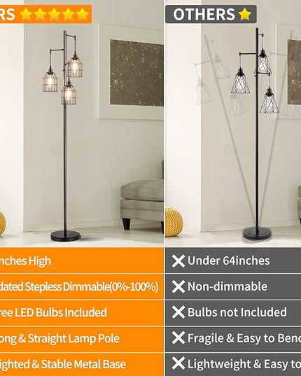70" Dimmable Floor Lamp for Living Room, Industrial 3-light Tree Floor Lamp Black with Cages, Farmhouse Rustic Tall Standing Lamp Floor Lighting for Bedroom Office, 3 Free LED Edison Bulbs - LeafyLoom