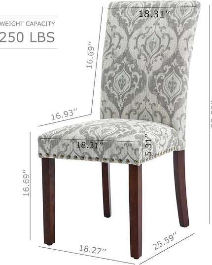 COLAMY Upholstered Parsons Dining Chairs Set of 4, Fabric Dining Room Kitchen Side Chair with Nailhead Trim and Wood Legs - Grey/White Flower - LeafyLoom