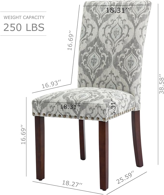 COLAMY Upholstered Parsons Dining Chairs Set of 4, Fabric Dining Room Kitchen Side Chair with Nailhead Trim and Wood Legs - Grey/White Flower - LeafyLoom