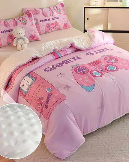 Video Game Queen Size Comforter Set for Girls Kids Teens 3D Gaming Controller Pattern Gamepad Print Bedding Set- 3 Piece Pink Quilt with 2 Pillowcases (90"x90") - LeafyLoom