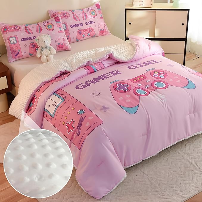 Video Game Queen Size Comforter Set for Girls Kids Teens 3D Gaming Controller Pattern Gamepad Print Bedding Set- 3 Piece Pink Quilt with 2 Pillowcases (90"x90") - LeafyLoom