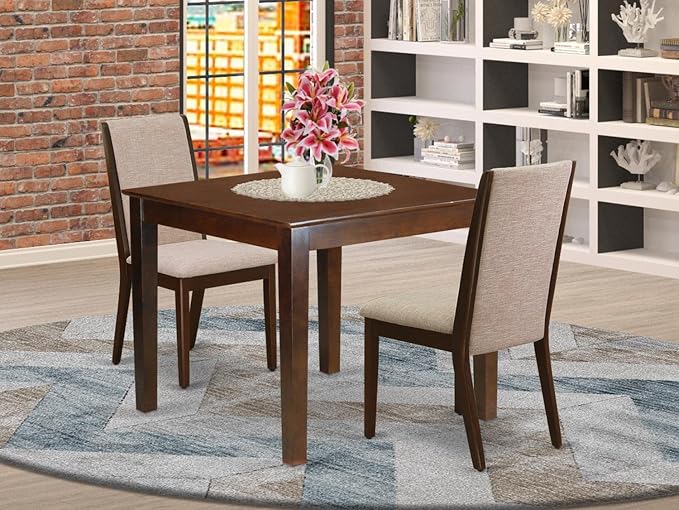 East West Furniture Oxford 3 Piece Room Furniture Set Contains a Square Dining Table and 2 Light Tan Linen Fabric Upholstered Chairs, 36x36 Inch, OXLA3-MAH-04 - LeafyLoom