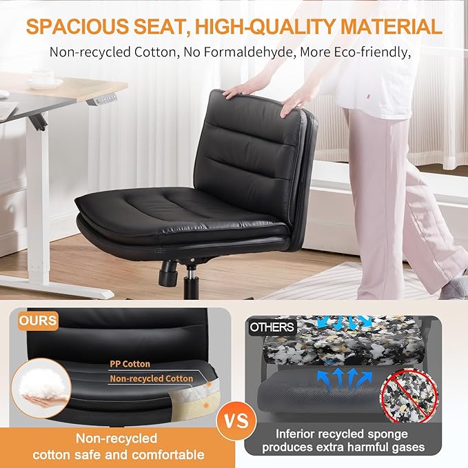 COMHOMA Criss Cross Chair with Wheels, Armless Wide Cross Legged Office Chair Mid Back, Modern Home Office Desk Chair Swivel Adjustable Vanity Computer Chair, Black - LeafyLoom