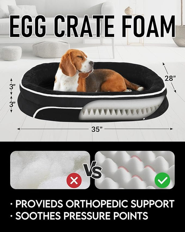 OhGeni Orthopedic Dog Bed Couch for Large Sized Pets with Egg Foam Support, Four-Sided Bolster Cushions, Soft Tear-Resistant Fabric, and Removable Machine Washable Plush Cover 35-Inch (Black) OhGeni