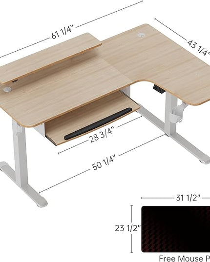 EUREKA ERGONOMIC Standing Desk Adjustable Height 61" Electric Sit Stand Computer Desk L Shaped with Keyboard Tray,Monitor Stand &LED, Dual Motor Memory Presets Sit to Desk Adjustable Desk, Right/Maple - LeafyLoom