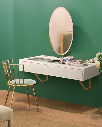 ALIMORDEN Floating Shelf with Drawer,Floating Drawer for Bathroom, White Wall Mounted Desk,Pull Out Drawer, 31 inch Surface, Floating Wall Desk, Hanging Desk, White - LeafyLoom