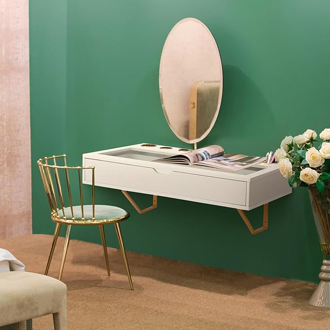 ALIMORDEN Floating Shelf with Drawer,Floating Drawer for Bathroom, White Wall Mounted Desk,Pull Out Drawer, 31 inch Surface, Floating Wall Desk, Hanging Desk, White - LeafyLoom