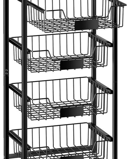 Fruit Basket, 5-Tier Utility Kitchen Organizer and Storage Cart with Pull-Out Baskets and Wood Top, Rolling Pantry Kitchen Cart on Wheels for Fruit Potato Onion Vegetable Snack Produce - LeafyLoom
