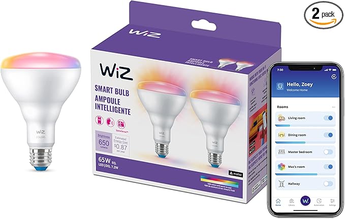 WiZ Connected 65W BR30 LED Smart Light Bulbs - Connects to Your Wi-Fi - E26 Smart Bulb - Control with Voice or App + Activate with Motion - Matter Compatible - 2 Pack WiZConnectedLighting