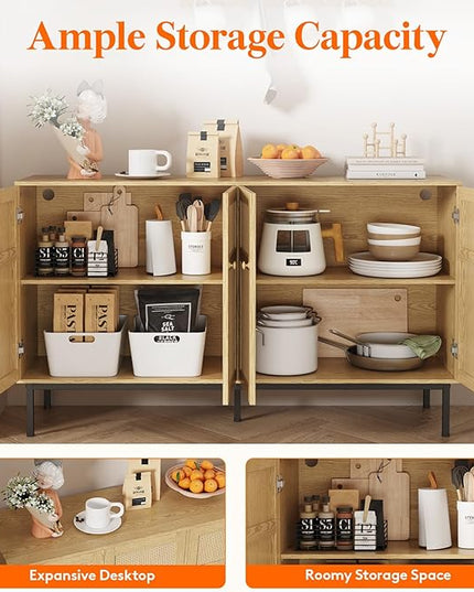 Lifewit Rattan Sideboard Buffet Cabinet, Console Table, Credenza, Storage Cabinet, Coffee Bar Cabinet for Kitchen, Dining Room, Living Room, Entryway, 4 Doors, Natural - LeafyLoom