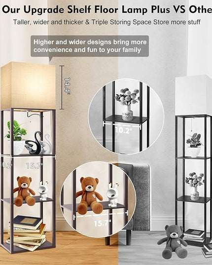 RUNTOP Plus - Floor Lamp with Shelves, Wide Shelf Lamp, Shelf Floor Lamp with 15W LED Bulb, 3 Colors Temperature, Memory Function, Large Display Storage, Standing Lamps for Living Room, Bedroom, Wood - LeafyLoom