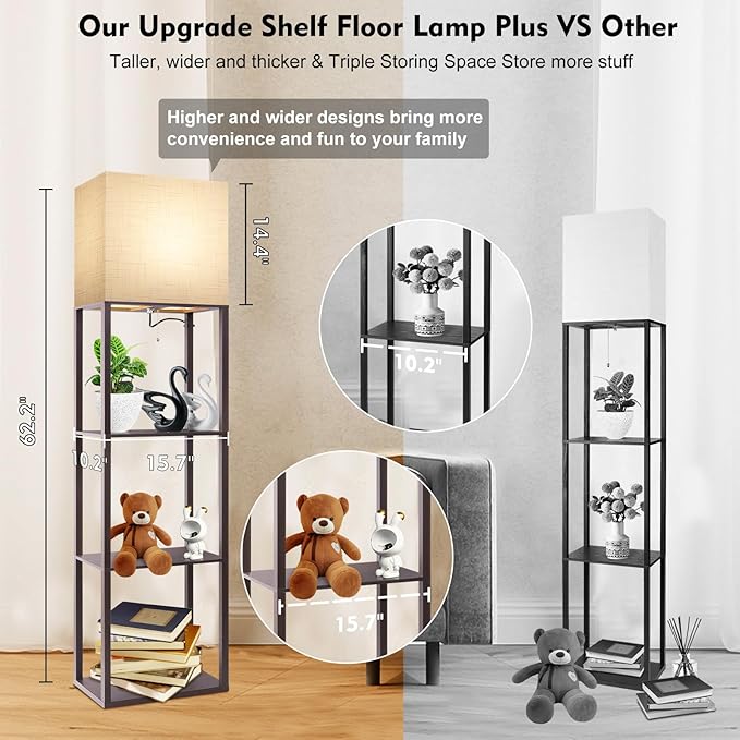 RUNTOP Plus - Floor Lamp with Shelves, Wide Shelf Lamp, Shelf Floor Lamp with 15W LED Bulb, 3 Colors Temperature, Memory Function, Large Display Storage, Standing Lamps for Living Room, Bedroom, Wood - LeafyLoom