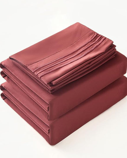 Bed Sheet Set - Brushed Microfiber Bedding - Bedding Sheets & Pillowcases - Deep Pockets - Easy Fit - Breathable & Soft Hotel Sheets - 4 Piece Queen Burgundy - LeafyLoom