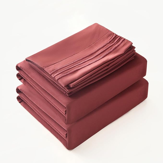 Bed Sheet Set - Brushed Microfiber Bedding - Bedding Sheets & Pillowcases - Deep Pockets - Easy Fit - Breathable & Soft Hotel Sheets - 4 Piece Queen Burgundy - LeafyLoom
