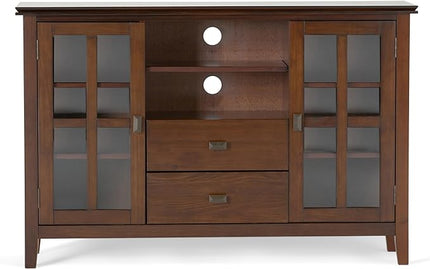 SIMPLIHOME Artisan SOLID WOOD Universal TV Media Stand, 53 inch Wide, Contemporary, Living Room Entertainment Center, Storage Shelves and Cabinets, for Flat Screen TVs up to 60 inches in Russet Brown - LeafyLoom