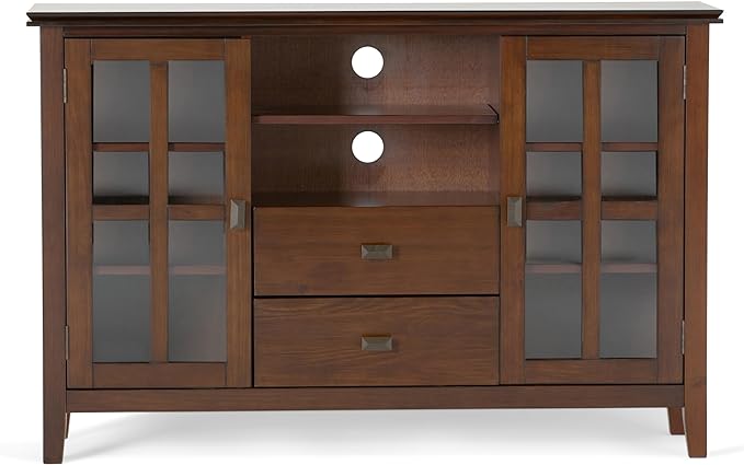 SIMPLIHOME Artisan SOLID WOOD Universal TV Media Stand, 53 inch Wide, Contemporary, Living Room Entertainment Center, Storage Shelves and Cabinets, for Flat Screen TVs up to 60 inches in Russet Brown - LeafyLoom