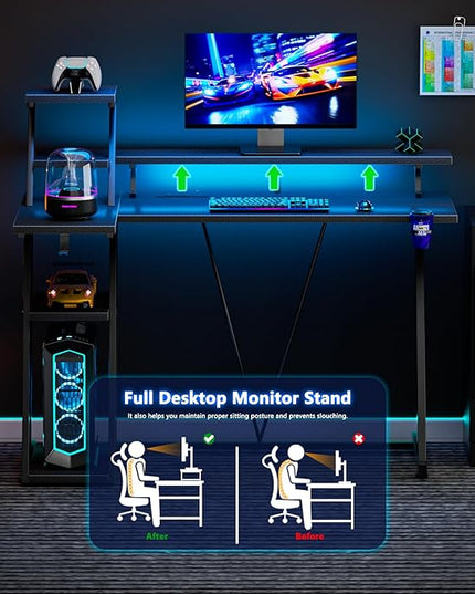 L Shaped Gaming Desk with LED Lights & Power Outlet, 47 Inch Computer Desk with Extra Storage Shelves, Reversible Gamer Workstations with Monitor Stand for Bedroom, Carbon Fiber Black - LeafyLoom