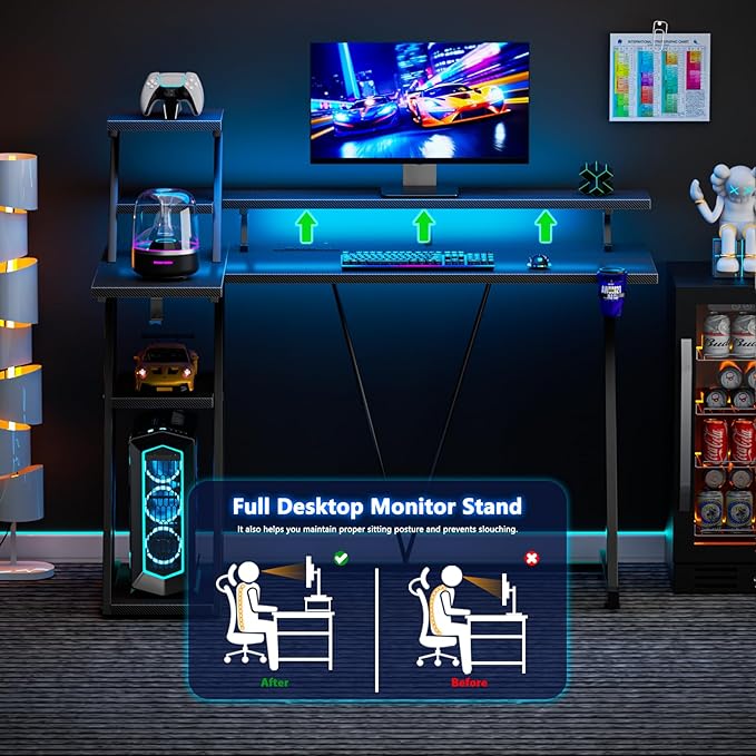 L Shaped Gaming Desk with LED Lights & Power Outlet, 47 Inch Computer Desk with Extra Storage Shelves, Reversible Gamer Workstations with Monitor Stand for Bedroom, Carbon Fiber Black - LeafyLoom