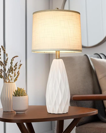 Table Lamp 25", Bedside Lamps for Bedroom Ceramic Desk Lamp White Lamp for Living Room End Table Lamps | 3-Way Dimmable Tall Nightstand Lamps Modern Geometric Lamp for Farmhouse Office(Bulb Included) - LeafyLoom