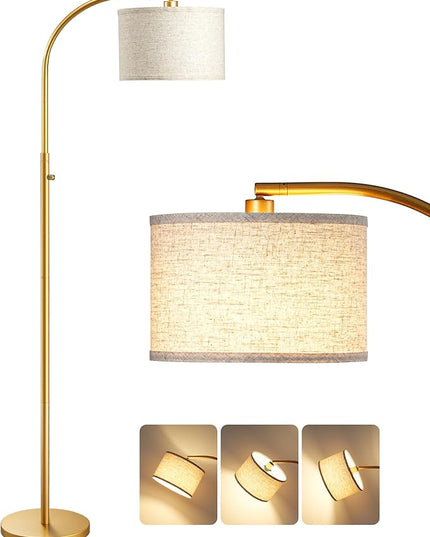 EDISHINE Dimmable Arched Floor Lamp, Gold Standing Lamp with Adjustable Line Lampshade, Rotary Switch, Reading Lights for Living Room, Bedroom, Study Room, Office, LED Bulb Included - LeafyLoom