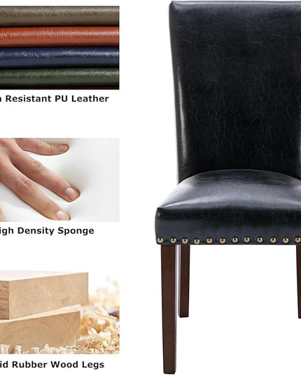 COLAMY Upholstered Parsons Dining Chairs Set of 6, PU Leather Dining Room Kitchen Side Chair with Nailhead Trim and Wood Legs - Black - LeafyLoom