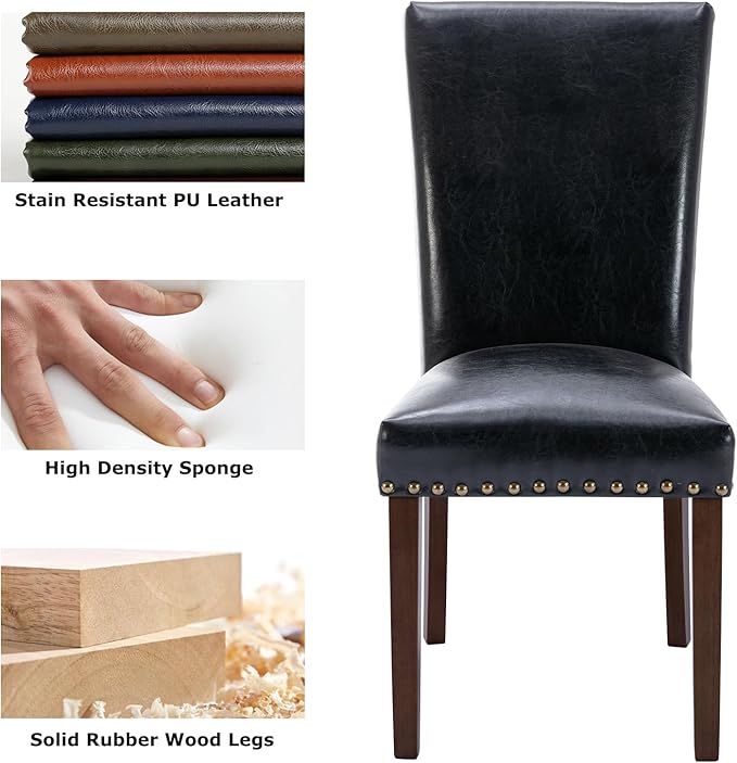 COLAMY Upholstered Parsons Dining Chairs Set of 6, PU Leather Dining Room Kitchen Side Chair with Nailhead Trim and Wood Legs - Black - LeafyLoom