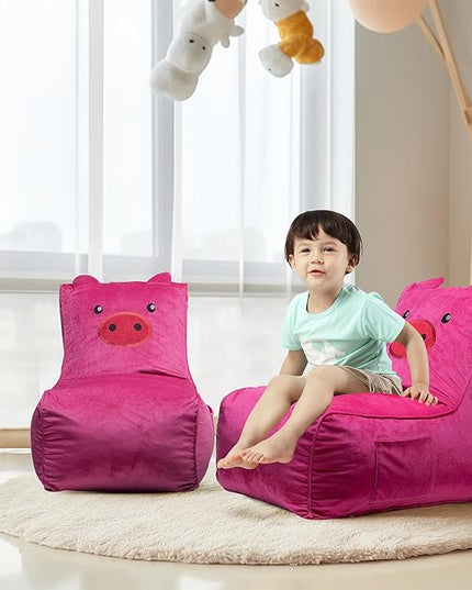 Bean Bag Chair for Kids, Cute Pig L-Shape Animal Bean Bag Sofa with Top Handles and Side Pockets, Cute Soft and Comfy Bean Bag Chair with Filler Included, Ages 1+ Children's Day Gifts - LeafyLoom