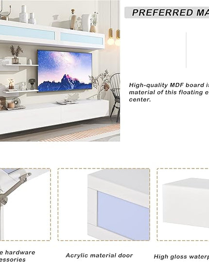 NicBex Wall Mount Floating TV Stand for 95+ Inch TV LED Entertainment Center Media Storage Console Table with 4 Media Storage Cabinets and 2 Shelves for Living Room,Bedroom, 95 Inch,White - LeafyLoom