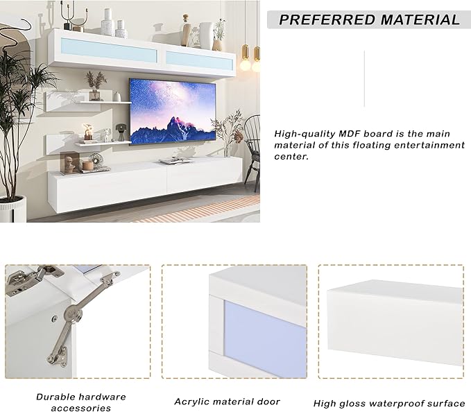 NicBex Wall Mount Floating TV Stand for 95+ Inch TV LED Entertainment Center Media Storage Console Table with 4 Media Storage Cabinets and 2 Shelves for Living Room,Bedroom, 95 Inch,White - LeafyLoom