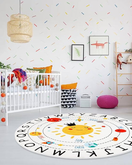 ABC Kids Rug,4 ft Washable Nursery Rug,Soft Plush Educational Circle Rug,Non-Slip Solar System Alphabet Rug for Classroom playroom Bedroom Kids Room Decor - LeafyLoom