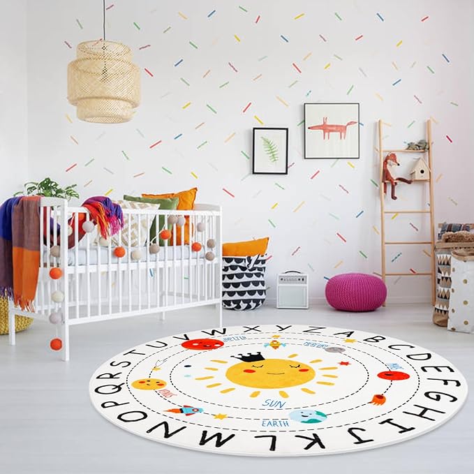 ABC Kids Rug,4 ft Washable Nursery Rug,Soft Plush Educational Circle Rug,Non-Slip Solar System Alphabet Rug for Classroom playroom Bedroom Kids Room Decor - LeafyLoom