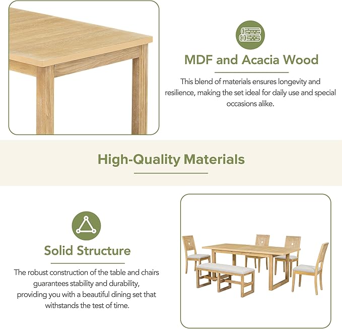 6-Piece Farmhouse Wood Extendable Dining Table Set with 18" Butterfly Leaf, 4 Upholstered Chairs and Versatile Long Bench, for Kitchen Room Furniture, Natural, 60"-78" L x 36" W x 30" H - LeafyLoom