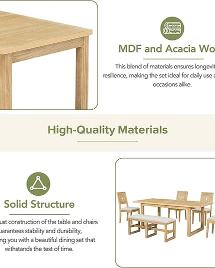 6-Piece Dining Set, Wood Extendable 78inch Kitchen Table with 18" Butterfly Leaf, 4 Upholstered Chairs & Long Bench, Natural, 60"-78" L x 36" W x 30" H - LeafyLoom