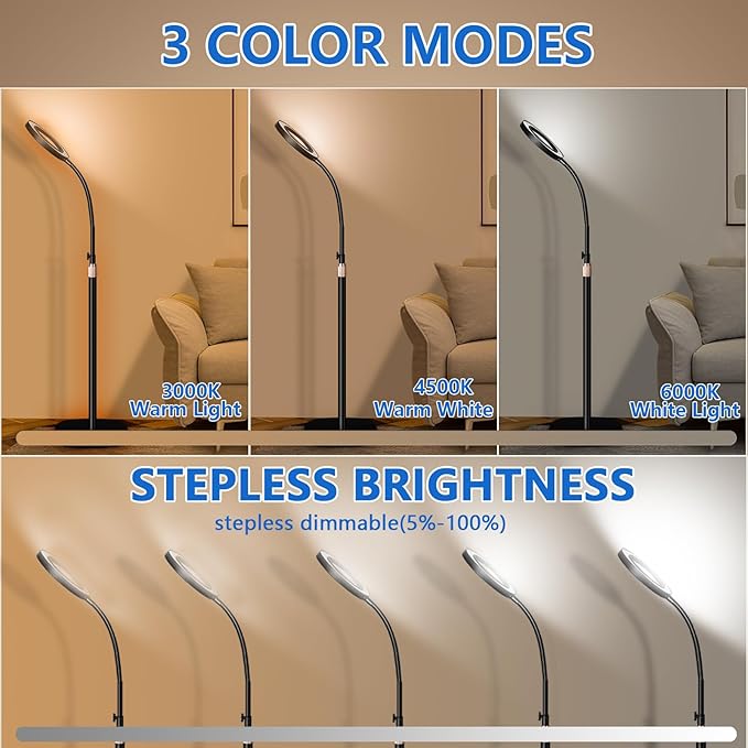 HITTI 10X Magnifying Glass with Light and Clamp, Hands Free Magnifying Floor Lamp with Flexible Gooseneck, 3 Color Stepless Dimmable LED Lighted Magnifier Light Stand for Esthetician Craft Close Works - LeafyLoom