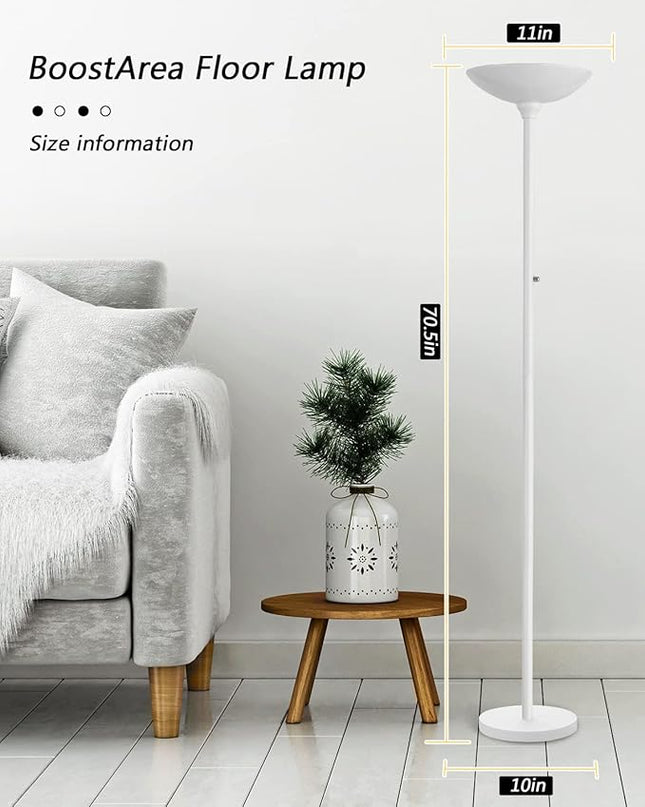 BoostArea Torchiere Floor Lamp, 24W Super Bright LED Standing Lamp, 3000K Stepless Dimmable Pole Lamp with Rotary Switch, 70 Inch Tall Metal Modern White Floor lamp for Living Room/Bedroom/Office/Den - LeafyLoom