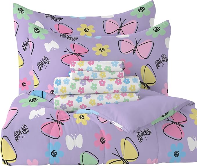 Dream Factory Sweet Butterfly Ultra Soft Microfiber Comforter Set, Purple, Full - LeafyLoom