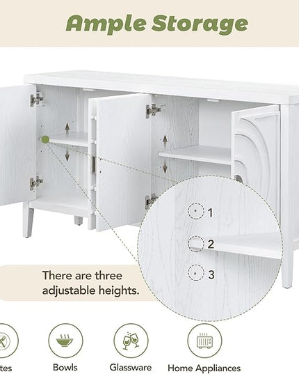 Retro Sideboard with Circular Groove Design Round Metal Door Handle,Wooden Buffet Cabinet,W/Adjustable Shelves & Open Countertop,for Entrance Living Dinning Room,White, 60" - LeafyLoom