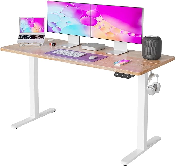 FEZIBO Electric Standing Desk, 55 x 24 Inches Height Adjustable Stand up Desk, Sit Stand Home Office Desk, Computer Desk, Maple - LeafyLoom