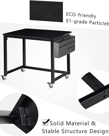 AHB Rolling Computer Desk with 4 Smooth Wheels, Simple Style Mobile Writing Desk Home Office Study Table Movable Workstation with Metal Frame (Black, 32") - LeafyLoom