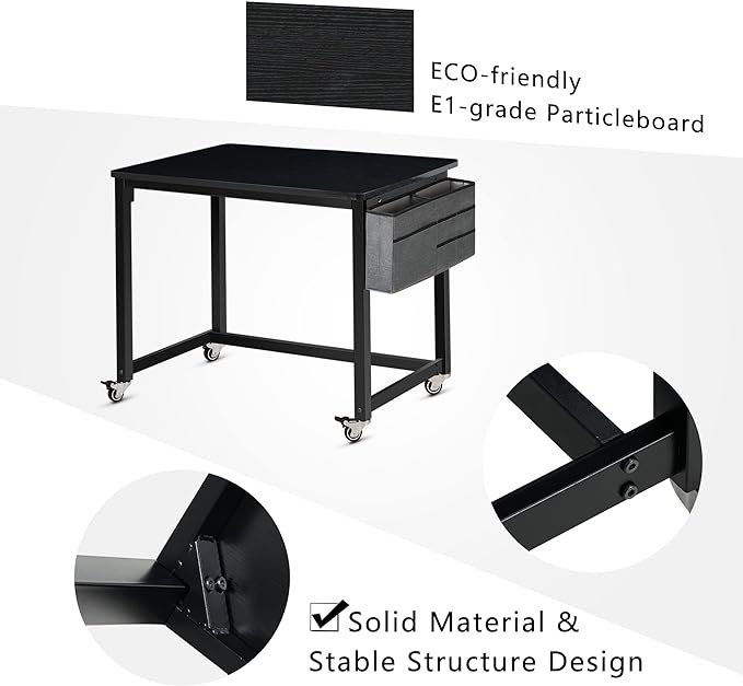 AHB Rolling Computer Desk with 4 Smooth Wheels, Simple Style Mobile Writing Desk Home Office Study Table Movable Workstation with Metal Frame (Black, 32") - LeafyLoom
